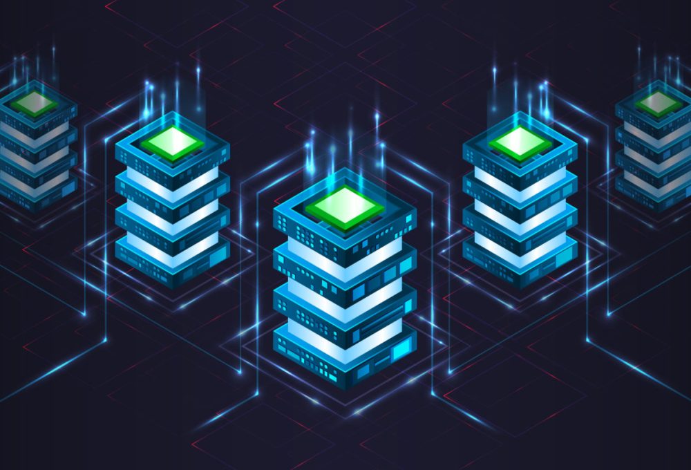 Technology concept for data center with server or hosting. Binar Technology concept for data center with server or hosting. Binary code structure. Big data stream. Abstract Isometric information warehouse. Creative Web hosting banner.